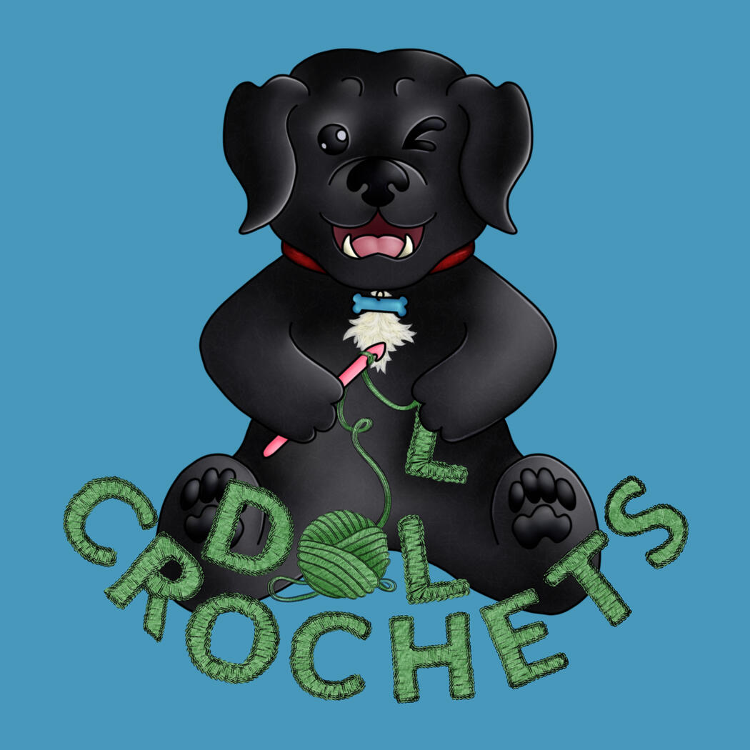 A drawing of a black dog with a white patch on his chest. In cartoon style, he holds a pink crochet hook, and the final letter, "L", for the words "Doll Crochets" written in sage green yarn. The dog winks, with a cheeky smile.